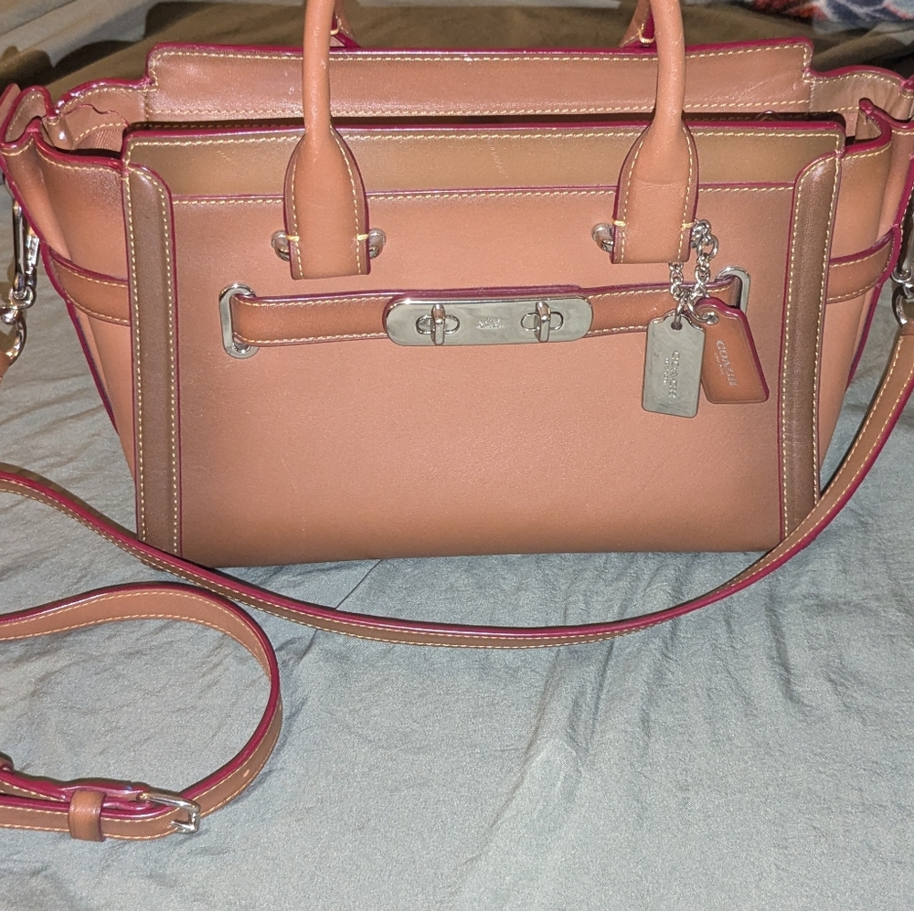 Coach Women’s Leather Satchel in Tan/Brown with Pink/Maroon Trim